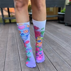 Living Royal Mid Calf Socks - Purple with Skull & Flowers model Size 8 worn once